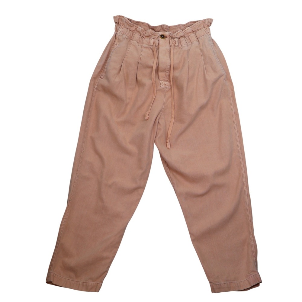 Free People Dusty Rose Paperbag High Waist Tie Belt Shirred Cuffed Trouser EUC L
